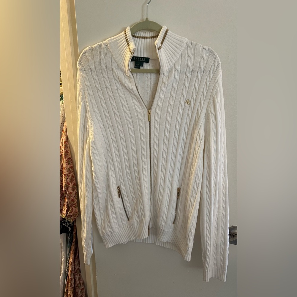 Lauren by Ralph Lauren white with gold accents collared full zip sweater size L